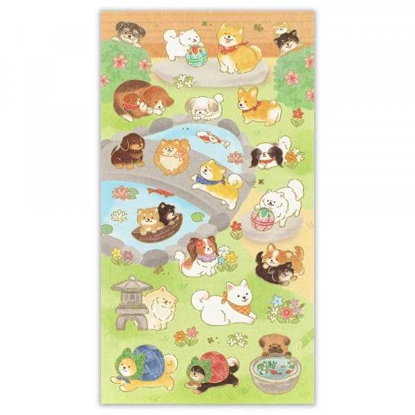 Japanese Style Gold Foil Series Sticker - Japanese Garden with Dogs