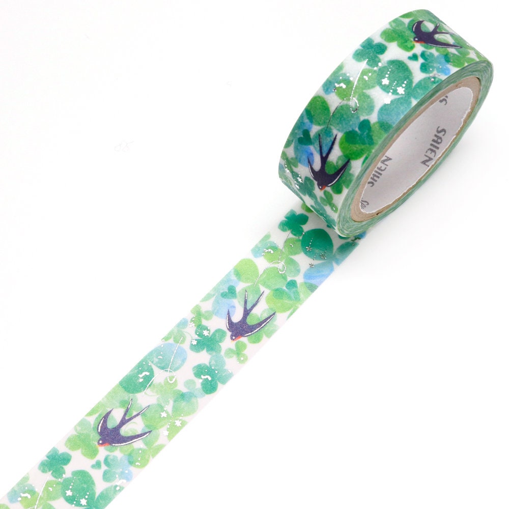 Saien Foil Series Silver Foil Washi Tape - Swallow and Clover