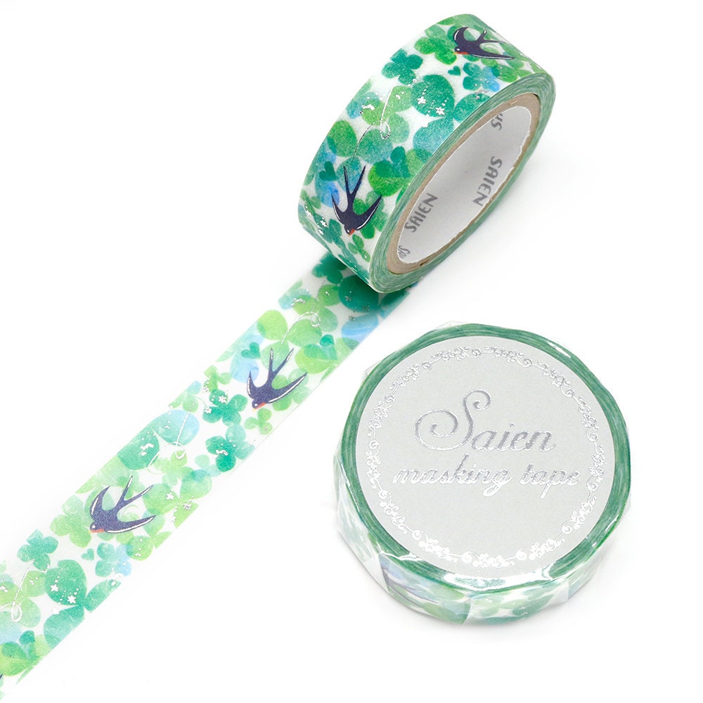 Saien Foil Series Silver Foil Washi Tape - Swallow and Clover