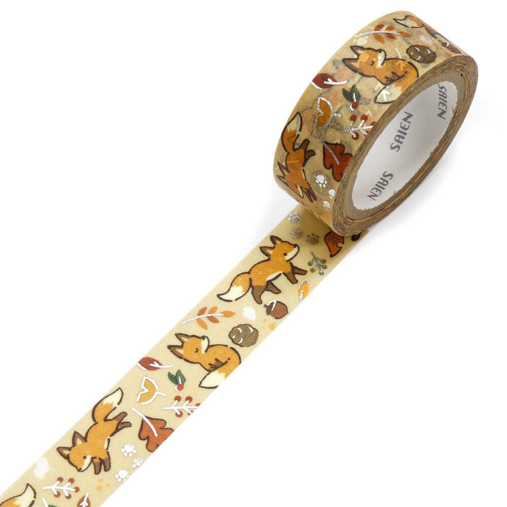 Saien Limited Autumn Series Foil Series Silver Foil Washi Tape - Fox and Fallen Leaves
