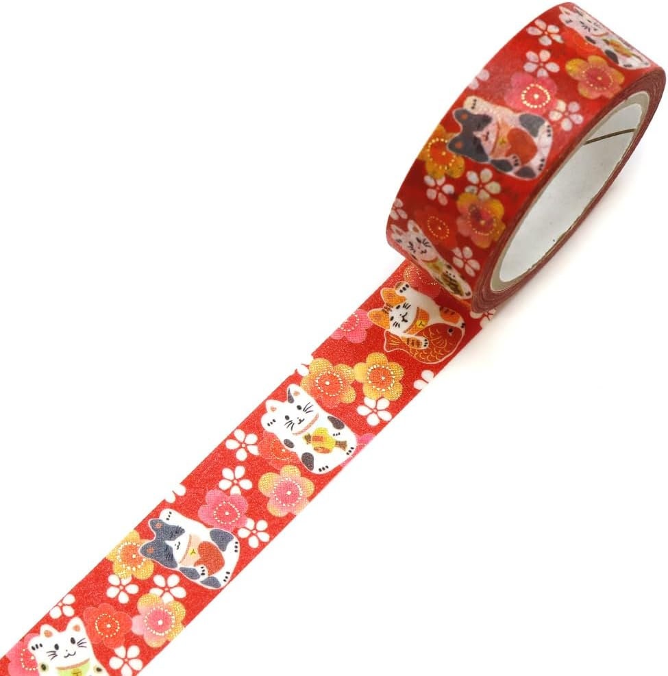 Kimono Yuu Series Gold Foil Washi Tape - Plum beckoning cat