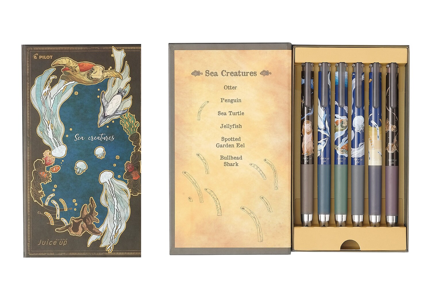 Pilot - Juice UP x Necoco Anna 0.4mm Gel Pen Special Set - Sea Creatures - Minase (Brown) / Pengiun (Blue) / Sea Turtle (Green) / Jelly Fish (Black) / Tiger Shark (Red) / Garden Eel (Violet)