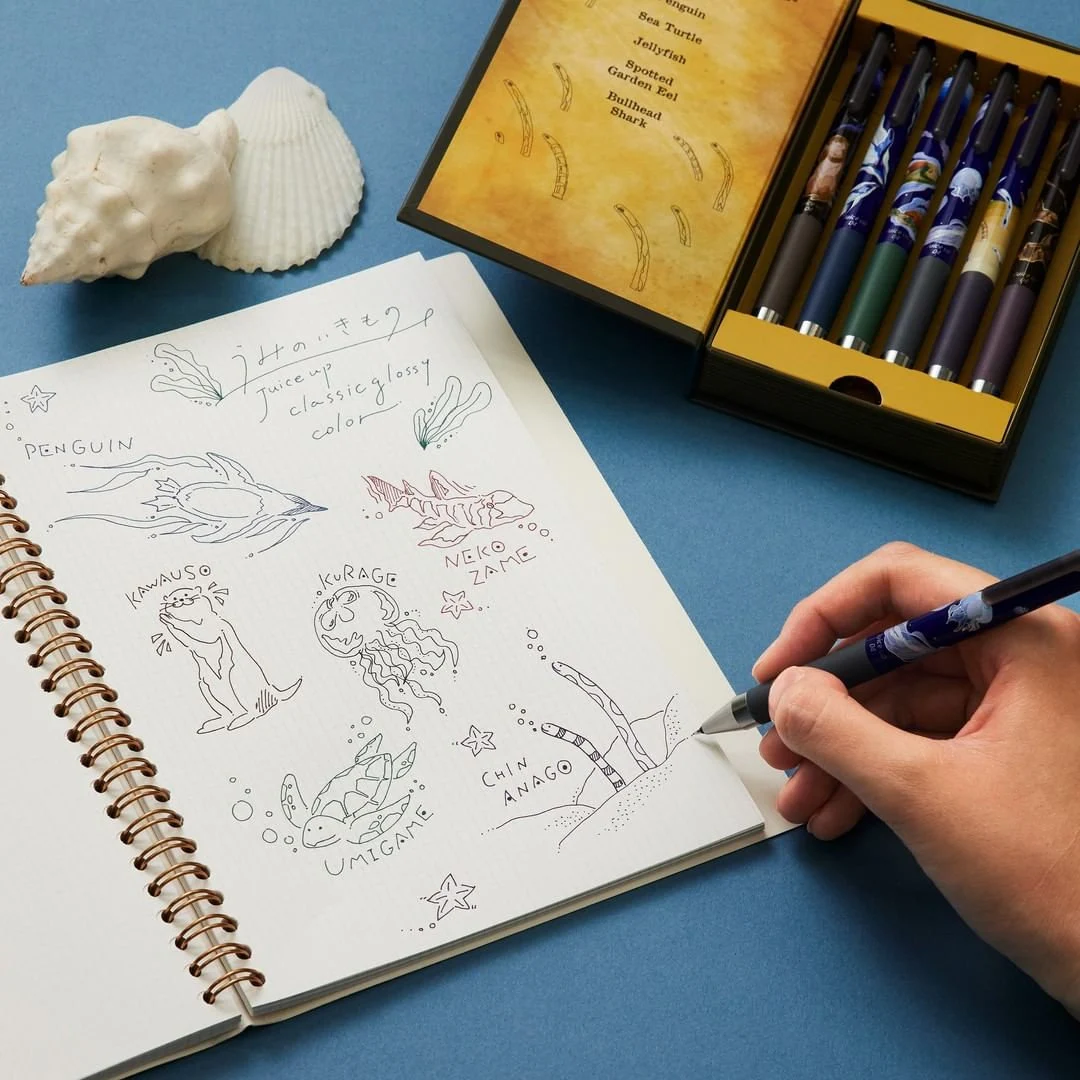 Pilot - Juice UP x Necoco Anna 0.4mm Gel Pen Special Set - Sea Creatures - Minase (Brown) / Pengiun (Blue) / Sea Turtle (Green) / Jelly Fish (Black) / Tiger Shark (Red) / Garden Eel (Violet)