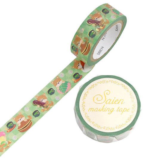 Saien Foil Series Gold Foil Washi Tape - Shiba Inu and Japanese Sweets