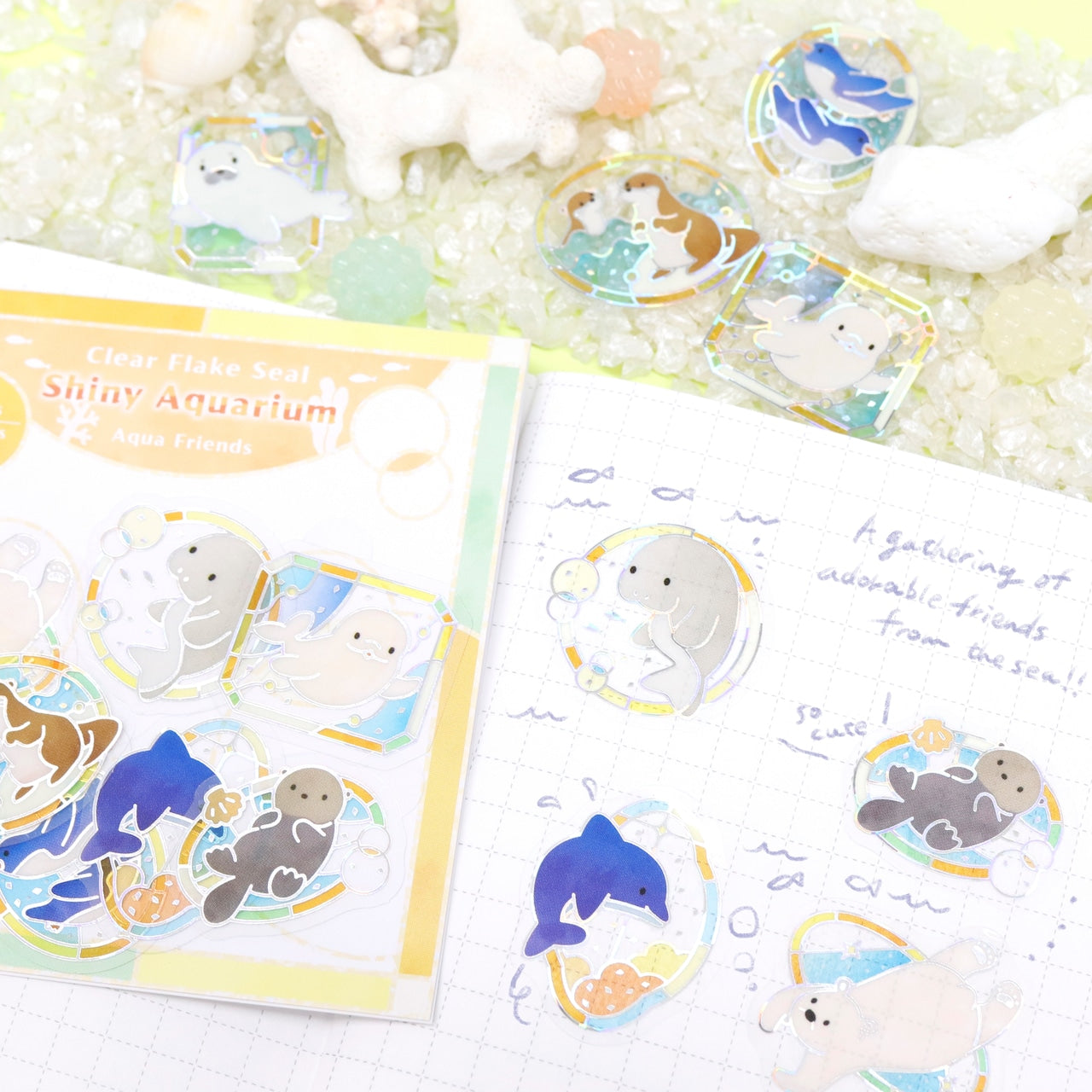 Saien Shiny Aquarium Series Gold Foil Clear Flake Stickers - Aqua Friends