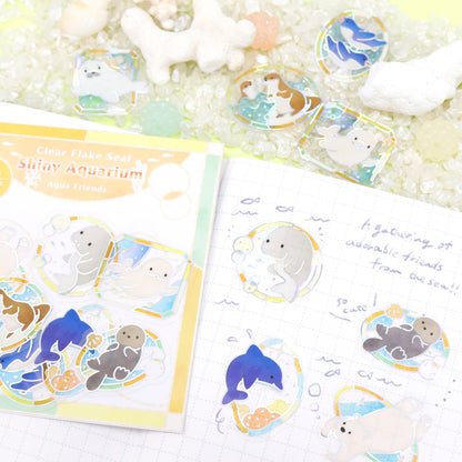 Saien Shiny Aquarium Series Gold Foil Clear Flake Stickers - Aqua Friends