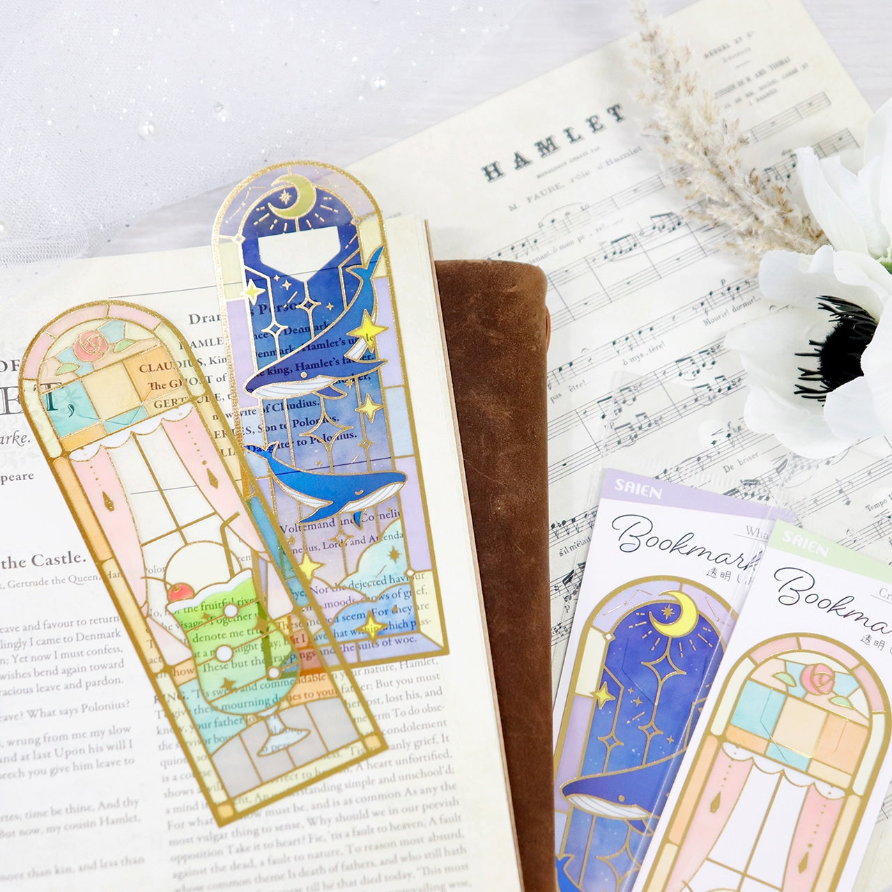 Saien Stained-Glass Gold Foil Transparent Bookmark - Cream soda