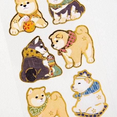 Japanese Style Gold Foil Series Sticker - Shiba Dog