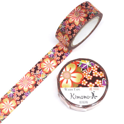 Kimono Yuu Series Gold Foil Washi Tape - Chrysanthemum Cherry Plum