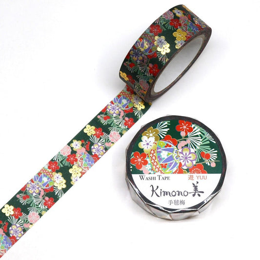 Kimono Yuu Series Gold Foil Washi Tape - Hand Ball & Plum