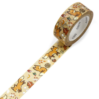 Saien Limited Autumn Series Foil Series Silver Foil Washi Tape  - Fox and Fallen Leaves