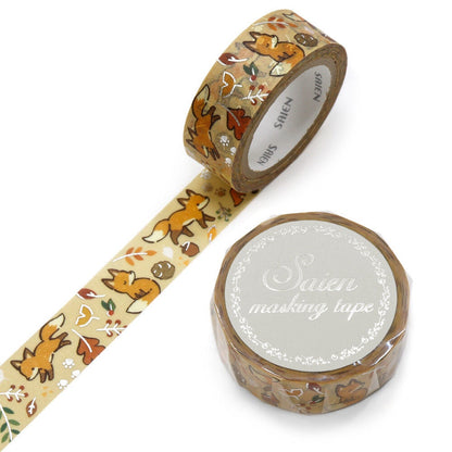 Saien Limited Autumn Series Foil Series Silver Foil Washi Tape  - Fox and Fallen Leaves