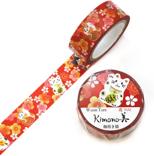 Kimono Yuu Series Gold Foil Washi Tape - Plum beckoning cat