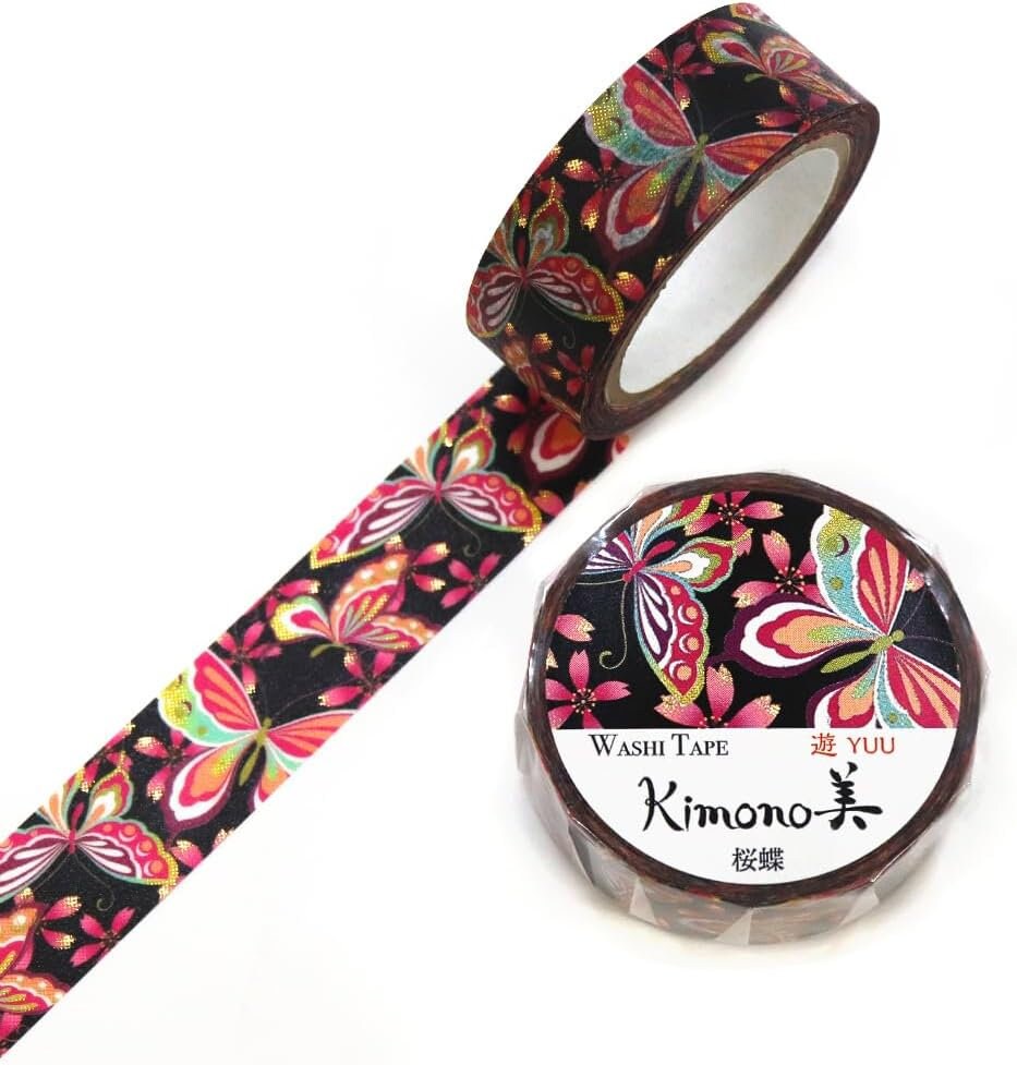 Kimono Yuu Series Gold Foil Washi Tape - Cherry blossom and Butterfly